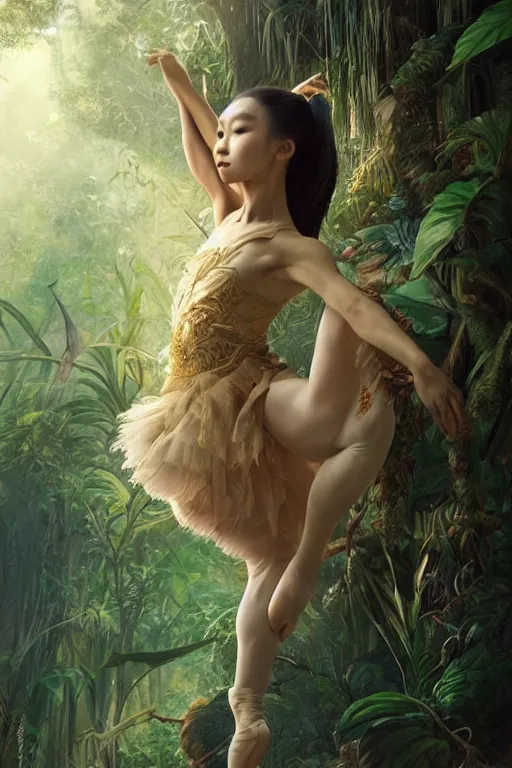 Image similar to stunningly beautiful, asian prima ballerina in jungle, symmetrical face, golden hour, smooth, focus, highly detailed, hyper realistic, dramatic lighting, elegant, intricate, concept art, art by wlop, mars ravelo, greg rutowski