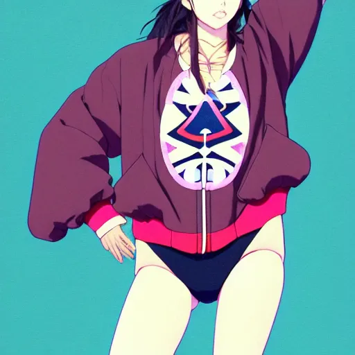 Prompt: a beautiful plus sized model japanese natalie portman, alluring, wearing oversized mayan bomber jacket and leotard with overalls, bulky poofy bomber jacket with mayan patterns, aztec street fashion, gapmoe yandere grimdark, trending on pixiv fanbox, painted by greg rutkowski makoto shinkai takashi takeuchi studio ghibli, akihiko yoshida