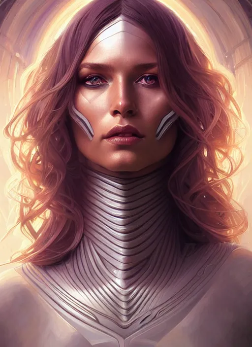 Image similar to futuristic woman portrait, sci-fi, amber eyes, face, long hair, fantasy, intricate, elegant, highly detailed, digital painting, artstation, concept art, smooth, sharp focus, illustration, art by artgerm and greg rutkowski and alphonse mucha