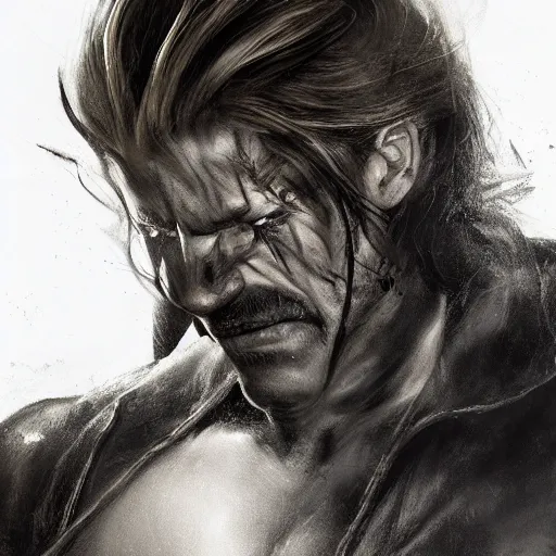 Prompt: portrait of a muscular, grim, ponytail haired blonde man in his late 30's, wearing a thick brown leather coat, looking to his side, scarred face, chiseled face, hunter, DnD character, fantasy character, dramatic lighting, high detail, graphite black and white by Ruan Jia, Krenz Cushart, Rossdraws and Boris Vallejo