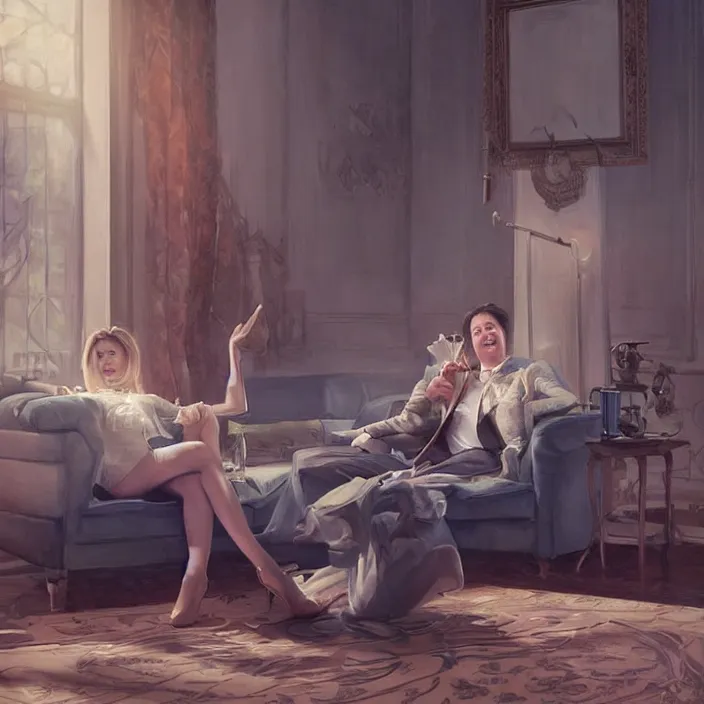 Image similar to portrait of michael mcintyre leaving on a sofa with a singing waitress, elegant, real life skin, intricate artwork, high detailed, artstation, concept art, smooth, sharpz focus, art by artgerm and greg rutkowski