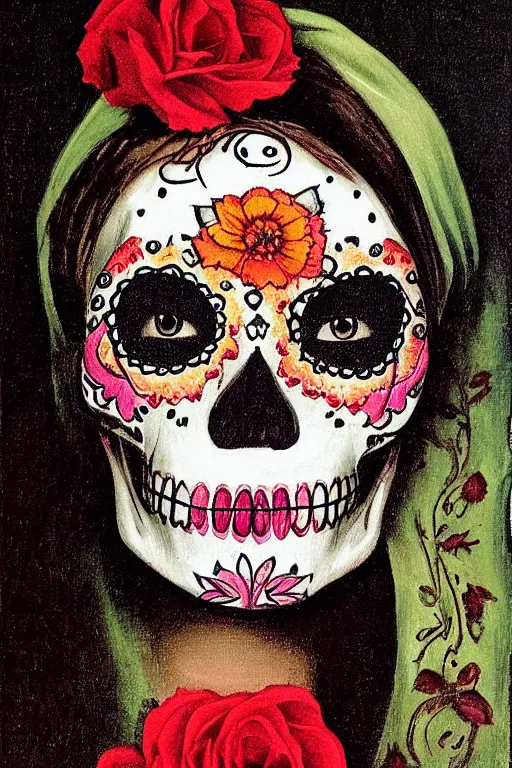 Prompt: illustration of a sugar skull day of the dead girl, art by caravaggio