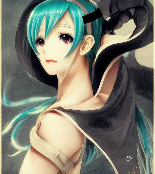 Prompt: Anime art very beautiful Hatsune miku by Gil Elvgren, Earl Moran, Enoch Bolles, symmetrical shoulders, by Gustave Doré, by Marco Turini, by Artgerm, Deviantart