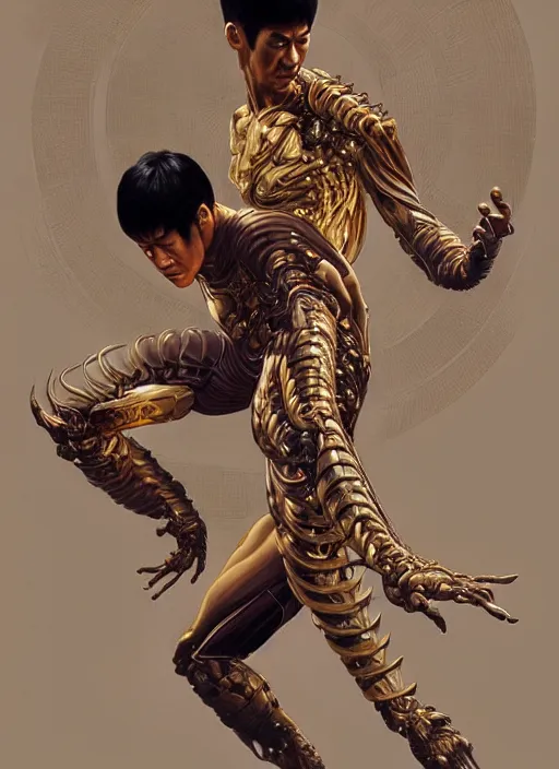 Image similar to bruce lee as a organic cyborg, diffuse lighting, fantasy, intricate, elegant, highly detailed, lifelike, photorealistic, digital painting, artstation, illustration, concept art, smooth, sharp focus, art by john collier and albert aublet and krenz cushart and artem demura and alphonse mucha