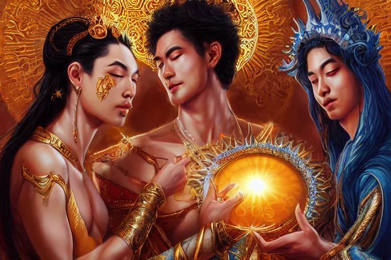 Image similar to close up moment of a divine a sun god and a moon goddess lovers magician at a wedding banquet, highly detailed, d & d, fantasy, highly detailed, digital painting, trending on artstation, concept art, sharp focus, asian feature, illustration, art by artgerm and daniel gerhartz and magali villeneuve