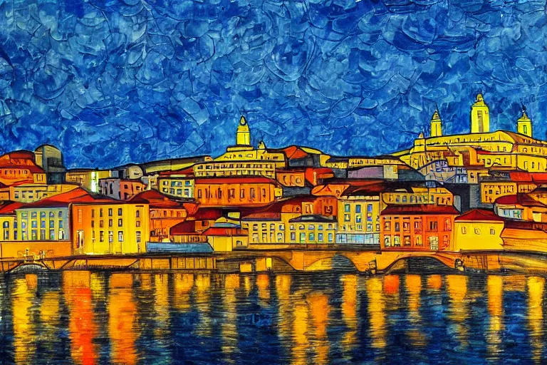 Image similar to lisbon city at night, art in the style of adriana molder
