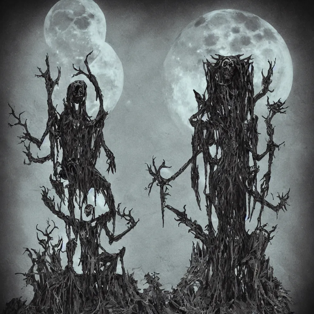 Image similar to creepy dark tall creature sitting on a throne made of skulls, moonlight