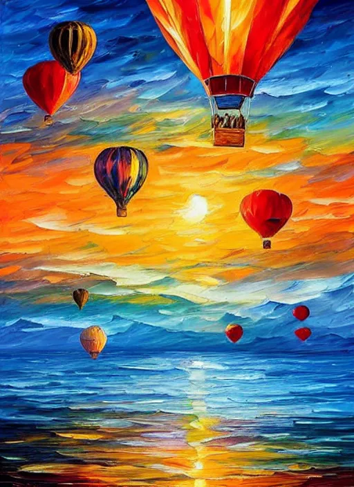 Image similar to beautiful hot air balloons over the ocean at sunset in the style of leonid afremov