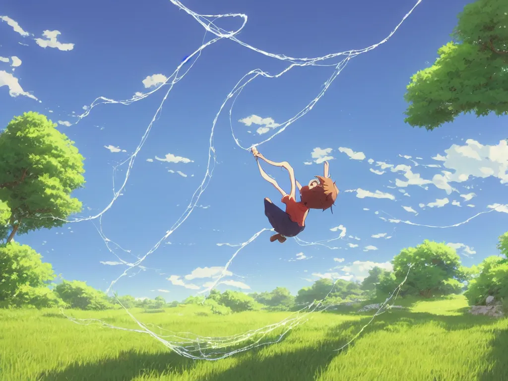 Image similar to extreme wide shot of a summer landscape, with a boy holding on to a string that connects to a web that envelopes the sun. Digital art by Makoto shinkai and Rebecca Sugar and Alan Lee.