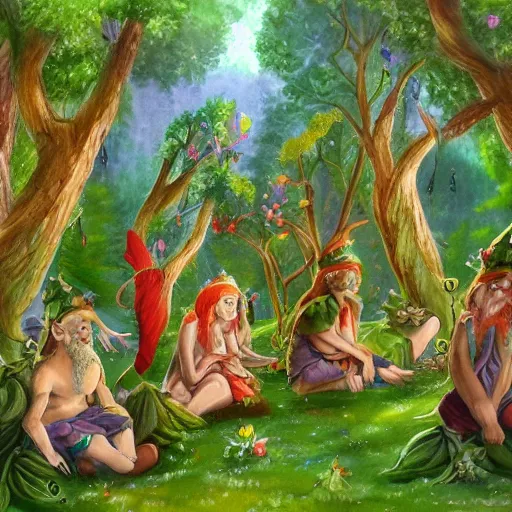 Image similar to highly detailed commune of hedonist elves. the elves are carefree and playful. digitally painted forest scene. The elves each have the face of famous musician Ed Sheeran. pixiv, artbreeder. high quality art