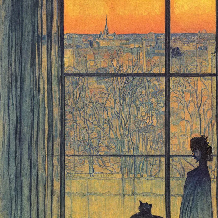 Prompt: portrait of sad woman and persian cat with city with gothic cathedral and tall trees seen from a window frame with curtains. sunset. mikalojus konstantinas ciurlionis, henri de toulouse - lautrec, utamaro, matisse, monet