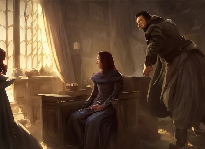 Image similar to catelyn tully confronting petyr baelish in his office, close up, cinematic fantasy painting, dynamic perspective, game of thrones, mandy jurgens and ruan jia and marc simonetti