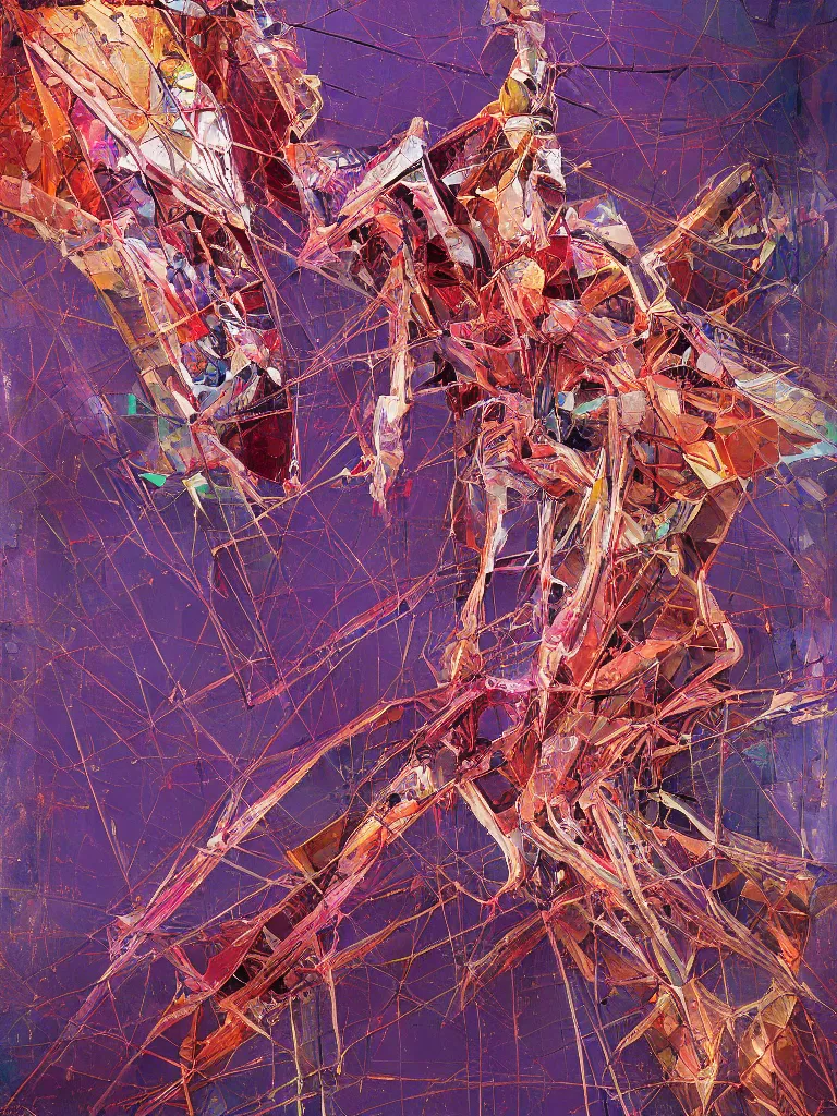 Prompt: a beautiful glitched abstract geometric painting by robert proch and robert heindel of an anatomy spinal structure study of the human nervous system on top of rectangle shapes, color bleeding, pixel sorting, copper oxide and rust materials, brushstrokes by jeremy mann, cold top lighting, pastel purple background