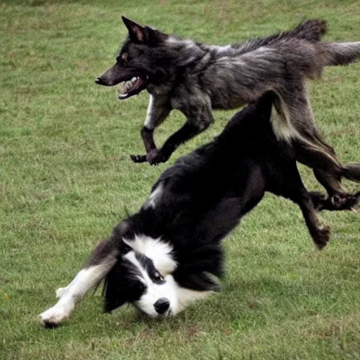 Prompt: a werewolf suplexing a border collie