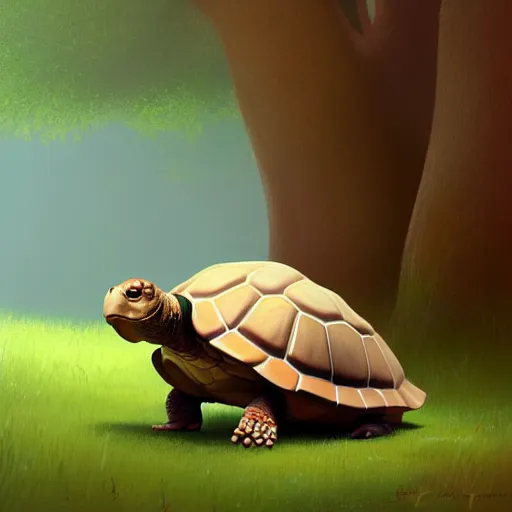 Prompt: Goro Fujita a portrait of an anthropomorphic A tortoise walking through the forest, painting by Goro Fujita, ArtStation