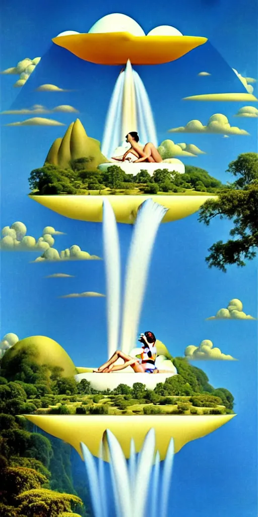 Image similar to floating island in the sky, with a waterfalls, 4k image, award winning by Gil Elvgren