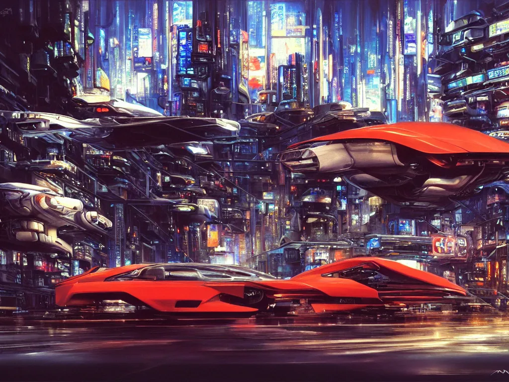 Prompt: hyperrealistic and beautiful painting of a slice of life from a futuristic city, mechanical designs, futuristic cars, night, technological, cinematic, cyberpunk style, highly detailed!, realism, acrylic on canvas, 8 k resolution, concept art, by noriyoshi ohrai, john berkey