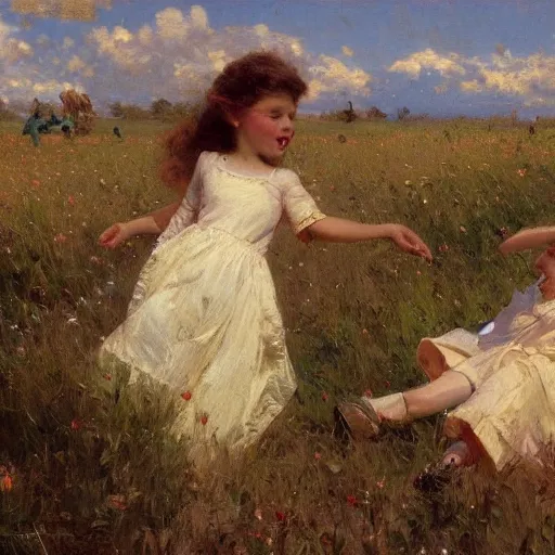 Prompt: detailed wide shot of children playing in the field, spring light, painting by gaston bussiere, craig mullins, j. c. leyendecker