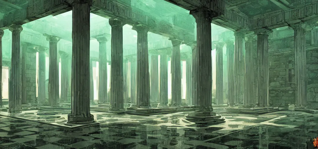 Image similar to Interior Greek Temple covered in green lychen in graphic style of Patrick Gleason and SANA TAKEDA artstation, trending on artstation, beautifully lit, volumetric, intricate, high detail, photo-bash, symmetric, Beautiful comic art