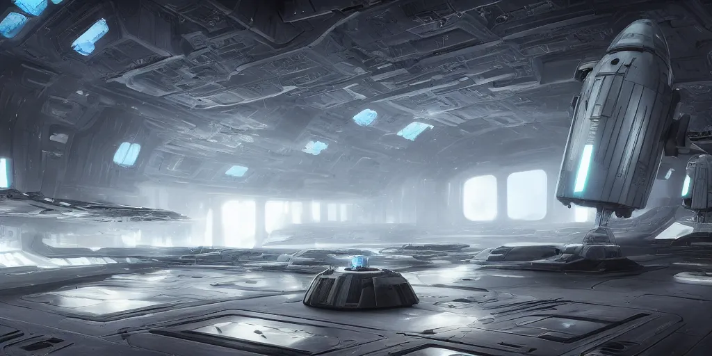 Image similar to one thousand aligned cryogenic pods, spaceship hangar, symmetrical, sci-fi, cryogenic pods, many cryogenic pods, interior, fantasy, 4k, wide shot, matte painting, oil painting, concept art, art station, star wars style