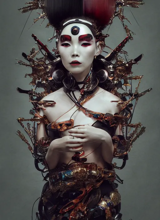 Image similar to portrait of a sensual futuristic geisha cyborg with headpiece, kintsugi, modern fine art, fractal, in the style of ghosts in the shell, intricate ornaments, elegant, highly detailed, digital photography, subsurface scattering, by jheronimus bosch and greg rutkowski,