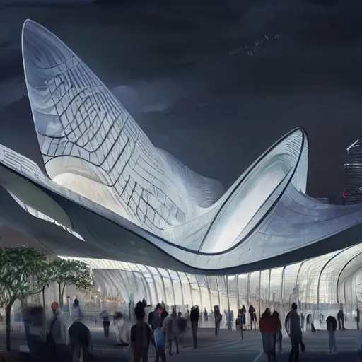 Image similar to singapore pavillion architecture exterior at the next world expo designed by zaha hadid, elegant atmosphere, glowing lights, highly detailed, digital painting, artstation, concept art, smooth, sharp focus, illustration, art by wlop, mars ravelo and greg rutkowski