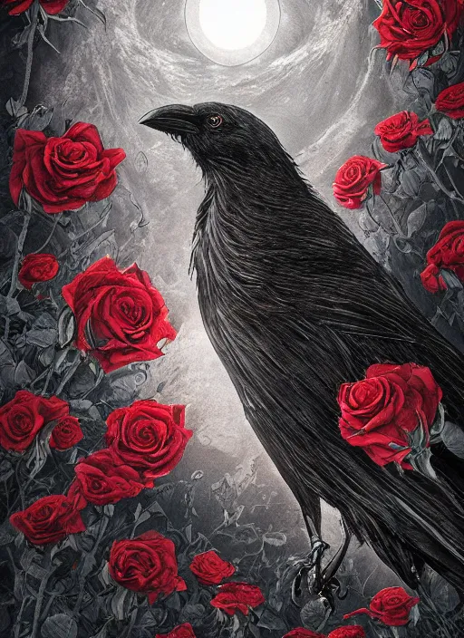 Image similar to portrait, A crow with red eyes in front of the full big moon, book cover, red roses, red white black colors, establishing shot, extremly high detail, foto realistic, cinematic lighting, pen and ink, intricate line drawings, by Yoshitaka Amano, Ruan Jia, Kentaro Miura, Artgerm, post processed, concept art, artstation, matte painting, style by eddie mendoza, raphael lacoste, alex ross