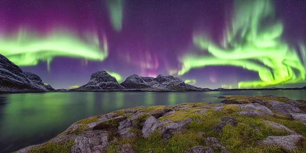 Image similar to a beautiful landscape photo in northern Norway by a famous landscape photographer, night sky with stars and green northern lights, long exposure, wide angle lens, rule of thirds