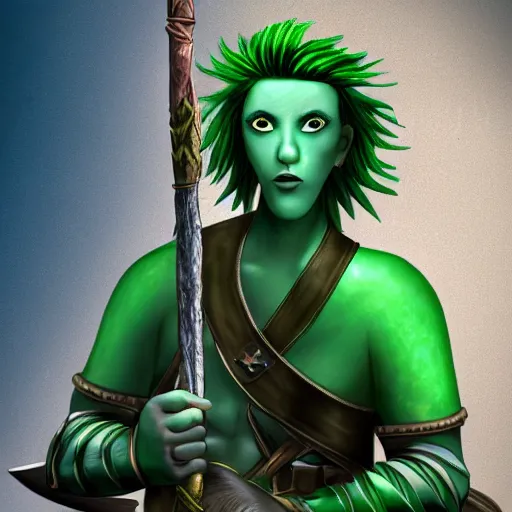 Image similar to Blue skinned fish person with green hair with a staff wearing leather armor, male, dungeons and dragons character, digital art