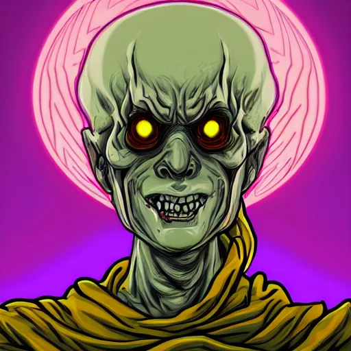 Prompt: skill icon of stressed constipated looking lich glowing in flat yellow divine retributive light in the style of Greg Broadmore and junji ito and Arthur Rackham and Moebius, trending on artstation, light lighting side view,digital art,surrealism ,macro,blueprint ,vaporwave ,