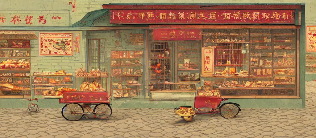 Image similar to a beautiful hyperdetailed render of roasted duck small shop, simple style, from china, with merchant logo, simple structure, surrealistic, chinese style, victo ngai, james jean, denoise, deblurring