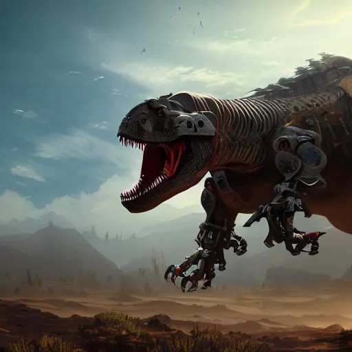 Prompt: an ultrawide photo of a robotic t - rex, horizon forbidden west concept art, highly detailed, 8 k