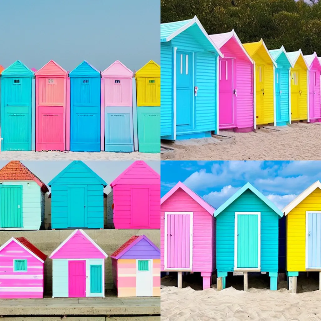 Prompt: pantone kawaii cute beach huts, pastel colors
