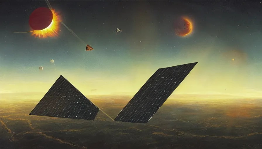 Image similar to solar sail infront of sun, in space, earth visible below, simon stalenhag