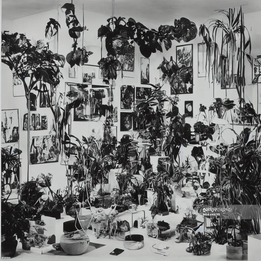 Image similar to A black and white photography of an exhibition space with objects of Sun Ra, Marcel Duchamp and tropical plants, 60s, offset lithography print, newspaper, distant shot