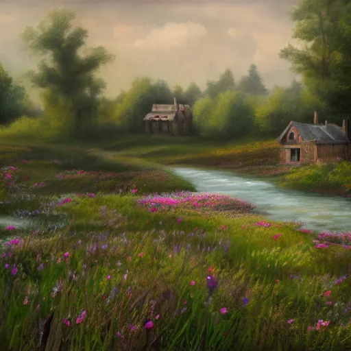 Prompt: a matte painting of a prairie, cottage close up, river, overgrown, patchy flowers, oil painting, pale colors, high detail, 8 k, wide angle, trending on artstation,