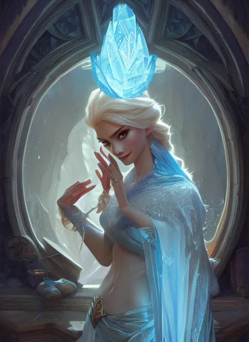 Image similar to elsa, d & d, fantasy, intricate, elegant, highly detailed, digital painting, artstation, concept art, matte, sharp focus, illustration, hearthstone, art by artgerm and greg rutkowski and alphonse mucha