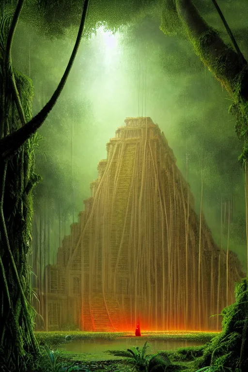 Image similar to a swampy tropical forest with red lightning bugs flying around a ancient mayan ruin designed by zaha hadid, tone mapped, shiny, intricate, cinematic lighting, highly detailed, digital painting, artstation, concept art, smooth, sharp focus, illustration, art by arthur haas and bruce pennington and john schoenherr