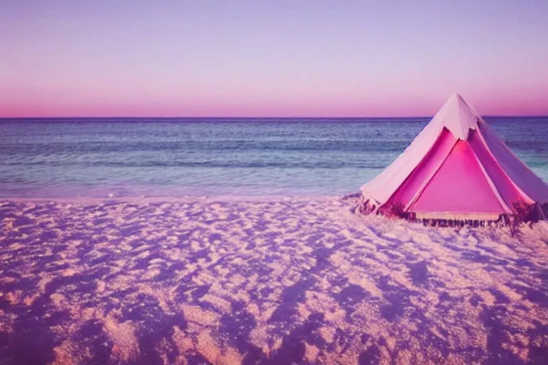 Image similar to a vintage family holiday photo of an empty beach from an alien dreamstate world with chalky pink iridescent!! sand, reflective lavender ocean water and a pale igloo shaped plastic bell tent. refraction, volumetric, light.