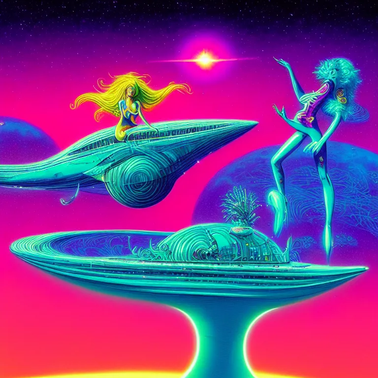 Image similar to cosmic girl and fish float over infinite crystal city, ( ( ( synthwave ) ) ), ( ( fractal waves ) ), bright neon colors, highly detailed, cinematic, tim white, roger dean, michael whelan, caza, bob eggleton, philippe druillet, vladimir kush, kubrick, alfred kelsner, isono, kimura, vallejo