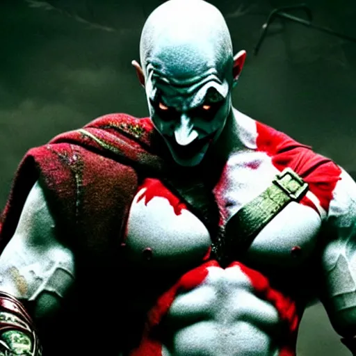 Image similar to film still of kratos as the joker in the new batman movie