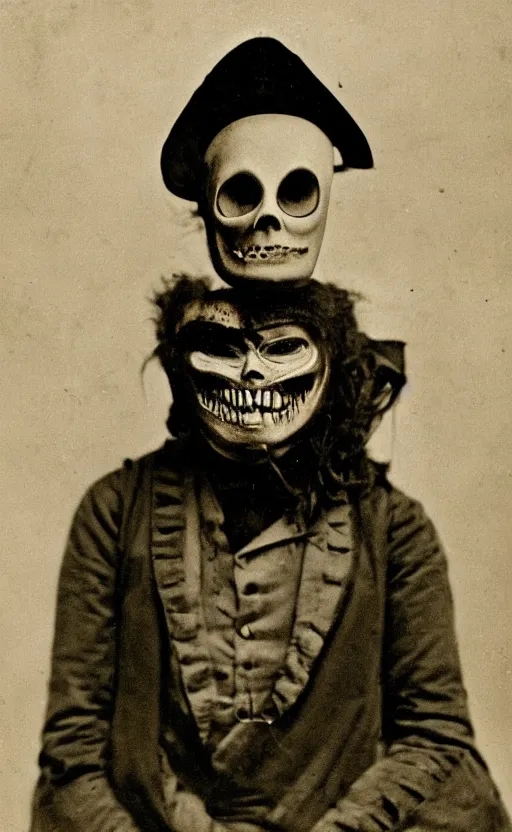 Image similar to a portrait photograph of a victorian wearing a scary vintage halloween mask, creepy, atmospheric, cinematic lighting, epic scene, 1 9 2 0 color photograph