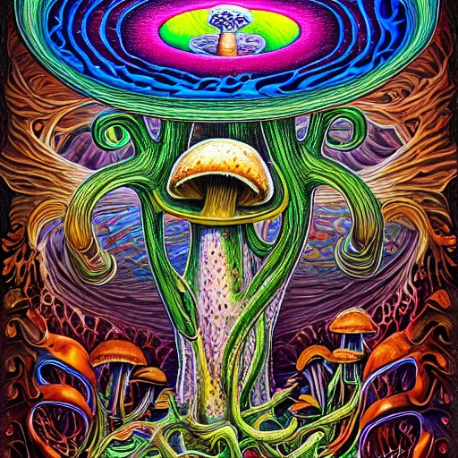 Prompt: mushroom of life painting by aaron brooks, chris dyer, android jones, and alex grey, highly detailed, high quality, high definition, 8k photo