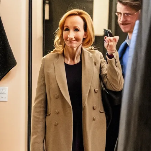 Prompt: mischievous jk rowling walking into men's bathroom