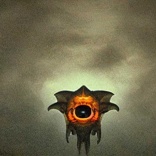 Prompt: low quality photo of the eye of cthulhu flying over a house