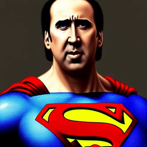 Image similar to upper body portrait of nicolas cage as superman, intricate, elegant, highly detailed, digital painting, artstation, concept art, smooth, sharp focus, illustration, art by artgerm and greg rutkowski and alphonse mucha, award winning, 8 k