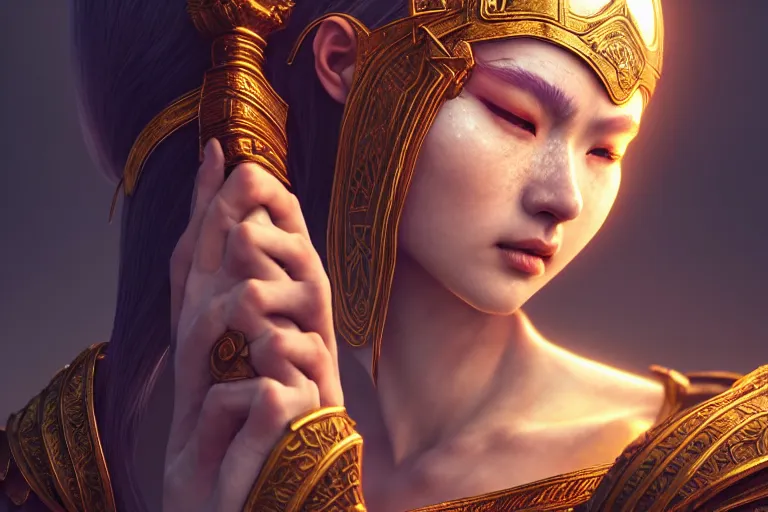 Image similar to a priestess praying to the god of war, occlusion shadow, specular reflection, rim light, unreal engine, octane render, artgerm, artstation, art by yao wang, high quality, intricate detailed 8 k, fantasy illustration, extremely beautiful and aesthetic shape of face and body