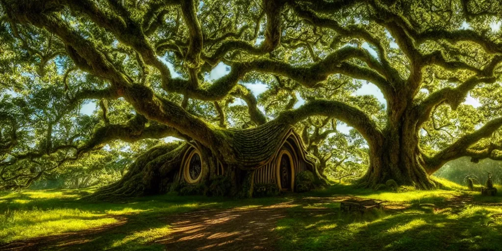 Prompt: the shire castle, forest, botanic foliage, big oaks, lord of the rings, oaks, trees, hobbit houses, grass landscape, dramatic lighting,