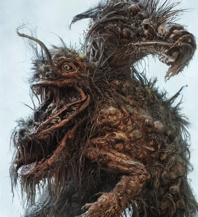 Prompt: hyper realistic portrait of postapocalyptic muppet monster goblin, cinematic, symmetric, dark crystal, artstation, cgsociety, alan lee, jean baptiste monge, scott radke