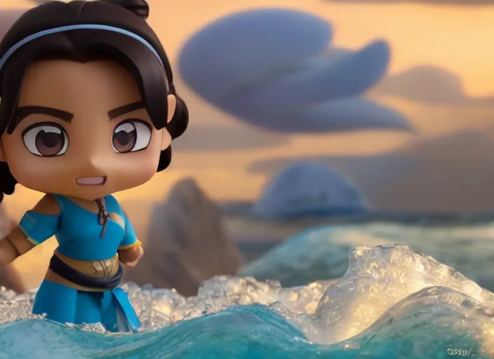 Image similar to katara from avatar as nendoroid is summoning a giant wave, in the croods movie style, anime, disney, pixar, 8 k, hd, dof, kodak film, volumetric lighting, subsurface scattering, photorealistic, octane render, details